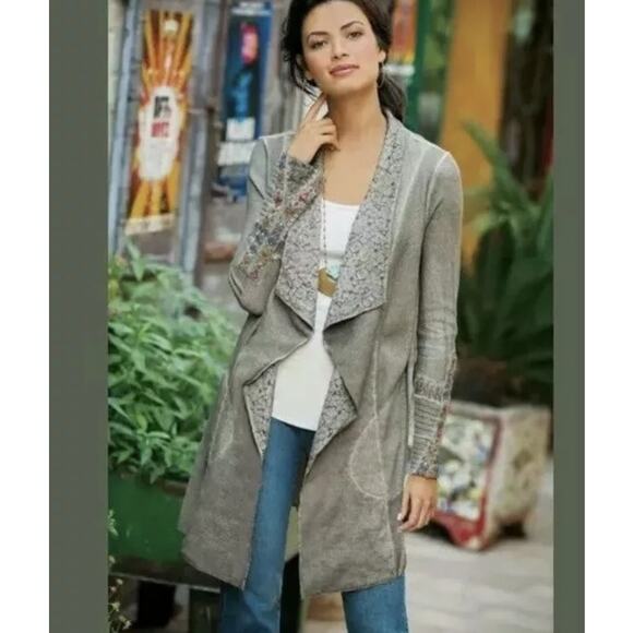Soft Surroundings Cadence Thermal Cardigan Top Embroidered Cuff Gray Waffle L - Picture 1 of 8